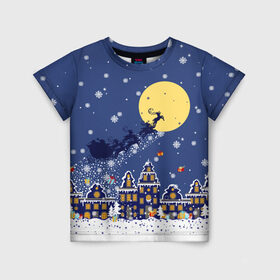 Детская футболка 3D с принтом Санта Клаус на оленях в небе в Белгороде, 100% гипоаллергенный полиэфир | прямой крой, круглый вырез горловины, длина до линии бедер, чуть спущенное плечо, ткань немного тянется | big moon | christmas | city | fly | houses | in the night sky | light in the windows | new year | reindeer | santa claus | большая луна | в ночном небе | город | дома | летят | новый год | олени | рождество | санта клаус