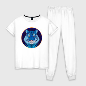 Женская пижама хлопок с принтом Голубой водяной тигр символ 2022 года в Белгороде, 100% хлопок | брюки и футболка прямого кроя, без карманов, на брюках мягкая резинка на поясе и по низу штанин | 2022 | водяной | год | гороскоп | китайский | символ | талисман | тигр