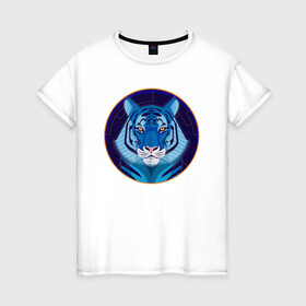 Женская футболка хлопок с принтом Голубой водяной тигр символ 2022 года в Белгороде, 100% хлопок | прямой крой, круглый вырез горловины, длина до линии бедер, слегка спущенное плечо | 2022 | водяной | год | гороскоп | китайский | символ | талисман | тигр
