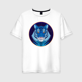 Женская футболка хлопок Oversize с принтом Голубой водяной тигр символ 2022 года в Белгороде, 100% хлопок | свободный крой, круглый ворот, спущенный рукав, длина до линии бедер
 | Тематика изображения на принте: 2022 | водяной | год | гороскоп | китайский | символ | талисман | тигр