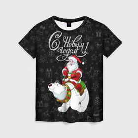 Женская футболка 3D с принтом Санта Клаус на белом медведе в Белгороде, 100% полиэфир ( синтетическое хлопкоподобное полотно) | прямой крой, круглый вырез горловины, длина до линии бедер | bells | christmas | gifts | jingle bells | new year | polar bear | riding | santa claus | snowflakes | белый медведь | бубенцы | верхом | дед мороз | колокольчики | новый год | подарки | рождество | санта клаус | снежинки