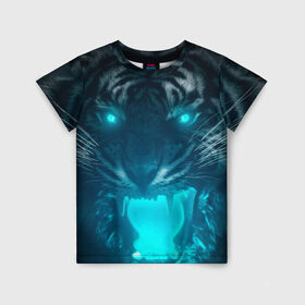 Детская футболка 3D с принтом Неоновый водяной тигр 2022 в Белгороде, 100% гипоаллергенный полиэфир | прямой крой, круглый вырез горловины, длина до линии бедер, чуть спущенное плечо, ткань немного тянется | Тематика изображения на принте: 2022 | водяной тигр | неон | новый год | тигр