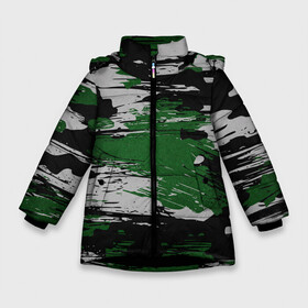 Зимняя куртка для девочек 3D с принтом Green Paint Splash в Белгороде, ткань верха — 100% полиэстер; подклад — 100% полиэстер, утеплитель — 100% полиэстер. | длина ниже бедра, удлиненная спинка, воротник стойка и отстегивающийся капюшон. Есть боковые карманы с листочкой на кнопках, утяжки по низу изделия и внутренний карман на молнии. 

Предусмотрены светоотражающий принт на спинке, радужный светоотражающий элемент на пуллере молнии и на резинке для утяжки. | Тематика изображения на принте: 23 февраля | абстракция | акварель | армия | военные | зеленая | зеленые | зеленый | камуфляж | краски | милитари | на каждый день | хаки