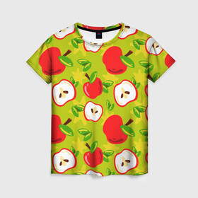 Женская футболка 3D с принтом Яблочки паттерн в Белгороде, 100% полиэфир ( синтетическое хлопкоподобное полотно) | прямой крой, круглый вырез горловины, длина до линии бедер | apple | яблоки | яблоко | яблоня | яблочки