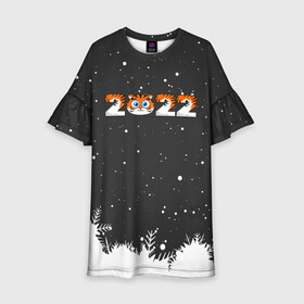 Детское платье 3D с принтом Новый год 2022 - надпись 2022 в Белгороде, 100% полиэстер | прямой силуэт, чуть расширенный к низу. Круглая горловина, на рукавах — воланы | Тематика изображения на принте: 2022 | год тигра | новый год | новый год 2022 | символ года | тигр | тигренок | тигрица | тигры