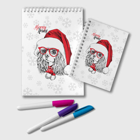 Блокнот с принтом Happy Christmas кокер спаниель в Белгороде, 100% бумага | 48 листов, плотность листов — 60 г/м2, плотность картонной обложки — 250 г/м2. Листы скреплены удобной пружинной спиралью. Цвет линий — светло-серый
 | american | cap | christmas | cocker spaniel | happy christmas | knitted scarf | new year | purebred dog | red | santa claus | snowflakes | американский | вязаный шарф | кокер спаниель | колпак | красные | новый год | очки | породистая собака | р