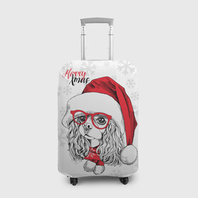 Чехол для чемодана 3D с принтом Happy Christmas кокер спаниель в Белгороде, 86% полиэфир, 14% спандекс | двустороннее нанесение принта, прорези для ручек и колес | american | cap | christmas | cocker spaniel | happy christmas | knitted scarf | new year | purebred dog | red | santa claus | snowflakes | американский | вязаный шарф | кокер спаниель | колпак | красные | новый год | очки | породистая собака | р