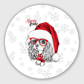 Круглый коврик для мышки с принтом Happy Christmas кокер спаниель в Белгороде, резина и полиэстер | круглая форма, изображение наносится на всю лицевую часть | american | cap | christmas | cocker spaniel | happy christmas | knitted scarf | new year | purebred dog | red | santa claus | snowflakes | американский | вязаный шарф | кокер спаниель | колпак | красные | новый год | очки | породистая собака | р