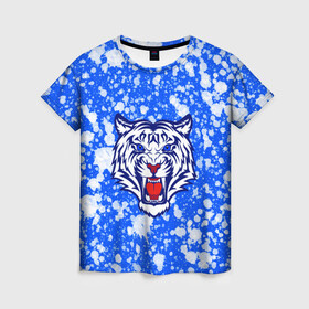 Женская футболка 3D с принтом БЕЛЫЙ ТИГР_2022 в Белгороде, 100% полиэфир ( синтетическое хлопкоподобное полотно) | прямой крой, круглый вырез горловины, длина до линии бедер | 2022 | белый тигр | большие кошки | год тигра | кляксы | новогодний | символ года | тигр | хищник