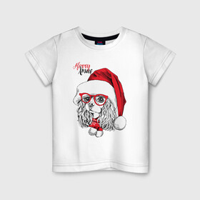Детская футболка хлопок с принтом Happy Christmas американский кокер спаниель в Белгороде, 100% хлопок | круглый вырез горловины, полуприлегающий силуэт, длина до линии бедер | american | cap | christmas | cocker spaniel | happy christmas | knitted scarf | new year | purebred dog | red | santa claus | snowflakes | американский | вязаный шарф | кокер спаниель | колпак | красные | новый год | очки | породистая собака | р