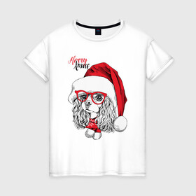 Женская футболка хлопок с принтом Happy Christmas американский кокер спаниель в Белгороде, 100% хлопок | прямой крой, круглый вырез горловины, длина до линии бедер, слегка спущенное плечо | american | cap | christmas | cocker spaniel | happy christmas | knitted scarf | new year | purebred dog | red | santa claus | snowflakes | американский | вязаный шарф | кокер спаниель | колпак | красные | новый год | очки | породистая собака | р
