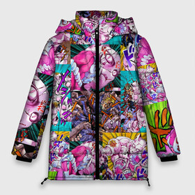 Женская зимняя куртка Oversize с принтом JOJO KILLER QUEEN КОРОЛЕВА УБИЙЦА УЗОР PATTERN в Белгороде, верх — 100% полиэстер; подкладка — 100% полиэстер; утеплитель — 100% полиэстер | длина ниже бедра, силуэт Оверсайз. Есть воротник-стойка, отстегивающийся капюшон и ветрозащитная планка. 

Боковые карманы с листочкой на кнопках и внутренний карман на молнии | Тематика изображения на принте: adventure | jojo | jojos bizarre | jojos bizarre adventure | killer queen | yare yare daze | аниме | джоджо | манга | яре яре дазе