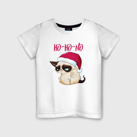 Детская футболка хлопок с принтом Ugly cat Ho Ho No в Белгороде, 100% хлопок | круглый вырез горловины, полуприлегающий силуэт, длина до линии бедер | 2022 | 2022 год | grumpy cat | happy new year | santa | год тигра | дед мороз | каникулы | мороз | новогодний свитер | новый год | новый год 2022 | новый год тигра | оливье | праздник | рождество | санта клаус