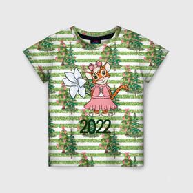 Детская футболка 3D с принтом Милая тигрица с цветком в Белгороде, 100% гипоаллергенный полиэфир | прямой крой, круглый вырез горловины, длина до линии бедер, чуть спущенное плечо, ткань немного тянется | Тематика изображения на принте: 2022 | год тигра | новый год | новый год 2022 | символ года | тигр | тигренок | тигрица | тигры