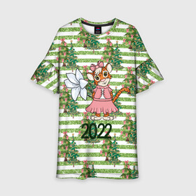 Детское платье 3D с принтом Милая тигрица с цветком в Белгороде, 100% полиэстер | прямой силуэт, чуть расширенный к низу. Круглая горловина, на рукавах — воланы | 2022 | год тигра | новый год | новый год 2022 | символ года | тигр | тигренок | тигрица | тигры