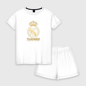 Женская пижама с шортиками хлопок с принтом Real Madrid gold logo в Белгороде, 100% хлопок | футболка прямого кроя, шорты свободные с широкой мягкой резинкой | gold logo | madrid | rael madrid | real | spain | золотая эмблема | золотой логотип | испания | королевский клуб | ла лига | лига чемпионов | мадрид | реал | реал мадрид | сливочные | футбол | чемпионат испании