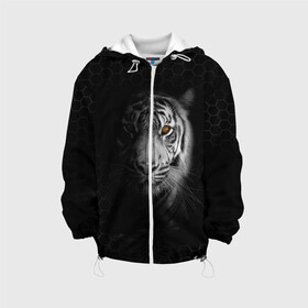 Детская куртка 3D с принтом Тигр черно-белый соты в Белгороде, 100% полиэстер | застежка — молния, подол и капюшон оформлены резинкой с фиксаторами, по бокам — два кармана без застежек, один потайной карман на груди, плотность верхнего слоя — 90 г/м2; плотность флисового подклада — 260 г/м2 | Тематика изображения на принте: tiger | восточный тигр | год тигра | кошка | тигр | тигренок | хищник