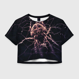 Женская футболка Crop-top 3D с принтом Паук (neon) в Белгороде, 100% полиэстер | круглая горловина, длина футболки до линии талии, рукава с отворотами | black | insect | neon | spider | tarantula | web | насекомое | неоновый | паук | паутина | тарантул | черный