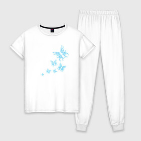 Женская пижама хлопок с принтом Неоновые бабочки Cotton Theme в Белгороде, 100% хлопок | брюки и футболка прямого кроя, без карманов, на брюках мягкая резинка на поясе и по низу штанин | бабочки | крылья | легкость | насековые | неон | ночные | полет | природа | светящиеся