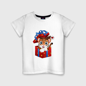 Детская футболка хлопок с принтом Тигрин сюрприз в Белгороде, 100% хлопок | круглый вырез горловины, полуприлегающий силуэт, длина до линии бедер | new year | арт | графика | зима | новый год | подарок | рождество | тигр