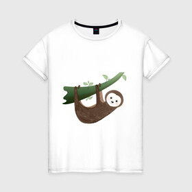 Женская футболка хлопок с принтом Ленивец на ветке в Белгороде, 100% хлопок | прямой крой, круглый вырез горловины, длина до линии бедер, слегка спущенное плечо | джунгли | животное | животные | звери | зверь | ленивец | тропики | экзотика