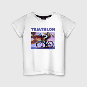 Детская футболка хлопок с принтом Триспорт в Белгороде, 100% хлопок | круглый вырез горловины, полуприлегающий силуэт, длина до линии бедер | bike | run | swim | triathlon | triatlon | бег | велогонщик | велоспорт | выносливость | картина | краска | плавание | триатлон