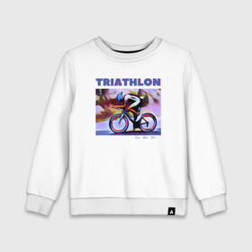 Детский свитшот хлопок с принтом Триспорт в Белгороде, 100% хлопок | круглый вырез горловины, эластичные манжеты, пояс и воротник | bike | run | swim | triathlon | triatlon | бег | велогонщик | велоспорт | выносливость | картина | краска | плавание | триатлон