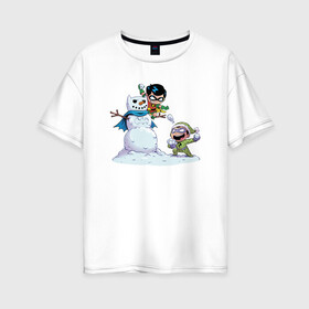 Женская футболка хлопок Oversize с принтом Робин и Загадочник играют в снежки в Белгороде, 100% хлопок | свободный крой, круглый ворот, спущенный рукав, длина до линии бедер
 | 014876 | batman | christmas | dc | dc comics | holidays | new year | riddler | robin | snowman | бэтмен | диси | загадочник | комиксы | новый год | праздник | риддлер | робин | рождество | снеговик | снежки