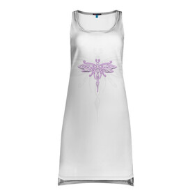 Платье-майка 3D с принтом Стрекоза Violet Neon Theme в Белгороде, 100% полиэстер | полуприлегающий силуэт, широкие бретели, круглый вырез горловины, удлиненный подол сзади. | воздух | для девочек | для женщин | женские | красные | крылья | лес | лето | насекомые | неон | неоновые рисунки | полет | природа | светящиеся | стрекоза