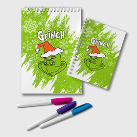 Блокнот с принтом Grinch Green. в Белгороде, 100% бумага | 48 листов, плотность листов — 60 г/м2, плотность картонной обложки — 250 г/м2. Листы скреплены удобной пружинной спиралью. Цвет линий — светло-серый
 | Тематика изображения на принте: 2022 | grinch | happy new year | merry christmas | год тигра | гринч | зима близко | нг | новогодний | новый год | новый год 2022 | рождество | снег | снежинки