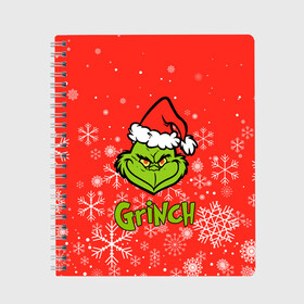 Тетрадь с принтом Grinch Red. в Белгороде, 100% бумага | 48 листов, плотность листов — 60 г/м2, плотность картонной обложки — 250 г/м2. Листы скреплены сбоку удобной пружинной спиралью. Уголки страниц и обложки скругленные. Цвет линий — светло-серый
 | Тематика изображения на принте: 2022 | grinch | happy new year | merry christmas | год тигра | гринч | зима близко | нг | новогодний | новый год | новый год 2022 | рождество | снег | снежинки