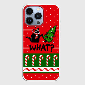 Чехол для iPhone 13 Pro с принтом WHAT | КОТИК | CAT в Белгороде,  |  | Тематика изображения на принте: 2020 | 2021 | 2022 | christmas | merry | what | елка | кот | леденец | нг | новогодний | новый год | паттерн | рождество | свитер | снежинки | узор | узоры | шишки