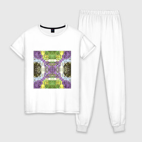 Женская пижама хлопок с принтом Коллекция Фрактальная мозаика Фиолетово-зеленый Квадрат в Белгороде, 100% хлопок | брюки и футболка прямого кроя, без карманов, на брюках мягкая резинка на поясе и по низу штанин | Тематика изображения на принте: abstraction | fractal | green | mosaic | pattern | purple | yellow | абстракция | желтый | зеленый | мозайка | на витрину | узор | фиолетовый | фрактал