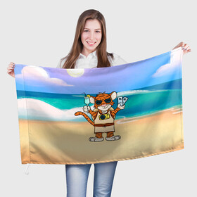 Флаг 3D с принтом Тигр в отпуске на новый год (на море) в Белгороде, 100% полиэстер | плотность ткани — 95 г/м2, размер — 67 х 109 см. Принт наносится с одной стороны | 2022 | год тигра | новый год | новый год 2022 | символ года | тигр | тигренок | тигрица | тигры