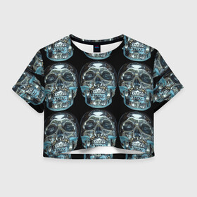 Женская футболка Crop-top 3D с принтом Skulls pattern 2028 в Белгороде, 100% полиэстер | круглая горловина, длина футболки до линии талии, рукава с отворотами | Тематика изображения на принте: fashion | future | pattern | skull | vanguard | авангард | будущее | мода | стекло | узор | череп