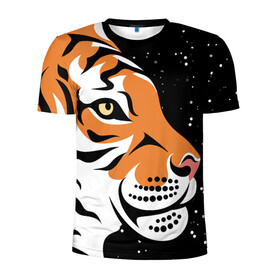 Мужская футболка 3D спортивная с принтом Новогодний тигр символ года в Белгороде, 100% полиэстер с улучшенными характеристиками | приталенный силуэт, круглая горловина, широкие плечи, сужается к линии бедра | Тематика изображения на принте: 2022 | amur tiger | beast | fangs | happy new year | merry christmas | new year | predator | snow | stars | stern grin | stern look | winter | year of the tiger | амурский тигр | год тигра | зверь | зима | клыки | новый год | снег | суровый взгл