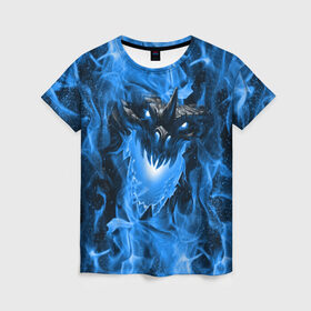 Женская футболка 3D с принтом Дракон в синем пламени Dragon in blue flame в Белгороде, 100% полиэфир ( синтетическое хлопкоподобное полотно) | прямой крой, круглый вырез горловины, длина до линии бедер | dragon | дракон | миф | монстр | огонь | пламя | фэнтези