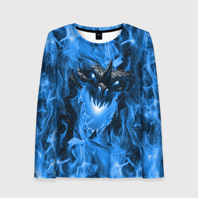 Женский лонгслив 3D с принтом Дракон в синем пламени Dragon in blue flame в Белгороде, 100% полиэстер | длинные рукава, круглый вырез горловины, полуприлегающий силуэт | dragon | дракон | миф | монстр | огонь | пламя | фэнтези