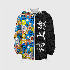 Детская куртка 3D с принтом Такаси Мураками Иероглифами в Белгороде, 100% полиэстер | застежка — молния, подол и капюшон оформлены резинкой с фиксаторами, по бокам — два кармана без застежек, один потайной карман на груди, плотность верхнего слоя — 90 г/м2; плотность флисового подклада — 260 г/м2 | japan | smile | takashi murakami | арт | восточный узор | иероглифы | искусство | красочный | разноцветные цветы | ромашки | смайл | такаси мураками | такаши мураками | узор | улыбки | цветочки | цветочный узор