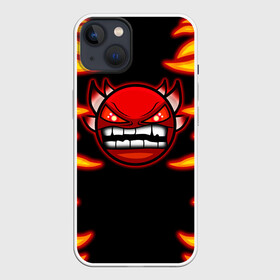 Чехол для iPhone 13 с принтом Geometry Dash Smiley demon в Белгороде,  |  | Тематика изображения на принте: angry | crazy | demon | devil | evil | fire | geometry dash | icons | robtop | smile | геомерия даш | геометри деш | геометри дэш | геометрия дэш | демон | злой смайл | игра геометрия дэш | иконки | огненный | огонь | пламя | платформер