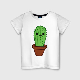 Детская футболка хлопок с принтом Кактус в горшке в Белгороде, 100% хлопок | круглый вырез горловины, полуприлегающий силуэт, длина до линии бедер | кактус | милый | мультяшный | простой | растение | с глазами | с лицом | улыбающийся | яркий