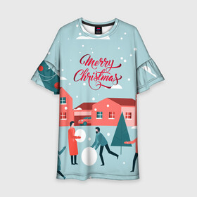 Детское платье 3D с принтом Merry Christmas Cчастливого Рождества в Белгороде, 100% полиэстер | прямой силуэт, чуть расширенный к низу. Круглая горловина, на рукавах — воланы | Тематика изображения на принте: 2022 | christmas | cчастливого | merry | год | елка | новый | праздник | рождества | снег | снеговик