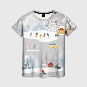 Женская футболка 3D с принтом Нoвoгодние Праздники 2022 в Белгороде, 100% полиэфир ( синтетическое хлопкоподобное полотно) | прямой крой, круглый вырез горловины, длина до линии бедер | 2022 | год | дома | елки | зима | каникулы | новый | праздник | радость | рождество | санки | снег | снеговик | снежки