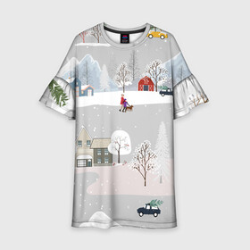 Детское платье 3D с принтом Нoвoгодние Праздники продолжаются 2022 в Белгороде, 100% полиэстер | прямой силуэт, чуть расширенный к низу. Круглая горловина, на рукавах — воланы | Тематика изображения на принте: 2022 | год | дома | елки | зима | каникулы | новый | праздник | радость | рождество | санки | снег | снеговик | снежки