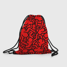 Рюкзак-мешок 3D с принтом Челопаззл в Белгороде, 100% полиэстер | плотность ткани — 200 г/м2, размер — 35 х 45 см; лямки — толстые шнурки, застежка на шнуровке, без карманов и подкладки | абстракция | красный | пестрый | пиктограмма | человечки