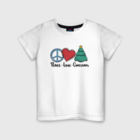 Детская футболка хлопок с принтом Peace Love and Christmas в Белгороде, 100% хлопок | круглый вырез горловины, полуприлегающий силуэт, длина до линии бедер | art | christmas | drawing | heart | love | new year | peace | tree | арт | елка | любовь | мир | новый год | рисунок | рождество | сердце