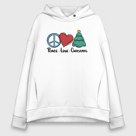 Женское худи Oversize хлопок с принтом Peace Love and Christmas в Белгороде, френч-терри — 70% хлопок, 30% полиэстер. Мягкий теплый начес внутри —100% хлопок | боковые карманы, эластичные манжеты и нижняя кромка, капюшон на магнитной кнопке | art | christmas | drawing | heart | love | new year | peace | tree | арт | елка | любовь | мир | новый год | рисунок | рождество | сердце