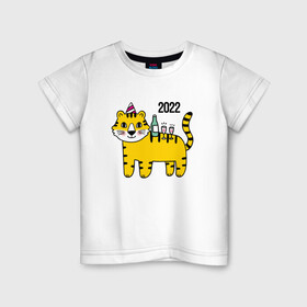 Детская футболка хлопок с принтом Тигр - новогодний стол в Белгороде, 100% хлопок | круглый вырез горловины, полуприлегающий силуэт, длина до линии бедер | 2022 | год тигра | новый год | новый год 2022 | символ года | тигр | тигренок | тигрица | тигры
