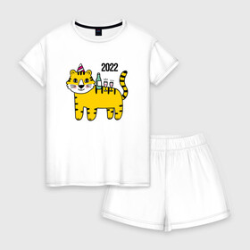 Женская пижама с шортиками хлопок с принтом Тигр - новогодний стол в Белгороде, 100% хлопок | футболка прямого кроя, шорты свободные с широкой мягкой резинкой | 2022 | год тигра | новый год | новый год 2022 | символ года | тигр | тигренок | тигрица | тигры