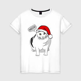 Женская футболка хлопок с принтом НОВОГОДНИЙ КОТ БЕНДЕР МЕМ в Белгороде, 100% хлопок | прямой крой, круглый вырез горловины, длина до линии бедер, слегка спущенное плечо | 2022 | 22 | bender | cat | christmas | meme | memes | meow | merry | new | snow | winter | year | бендер | год | зима | кот | кошка | мем | мемы | мяй | новый | рождество | снег | толстый